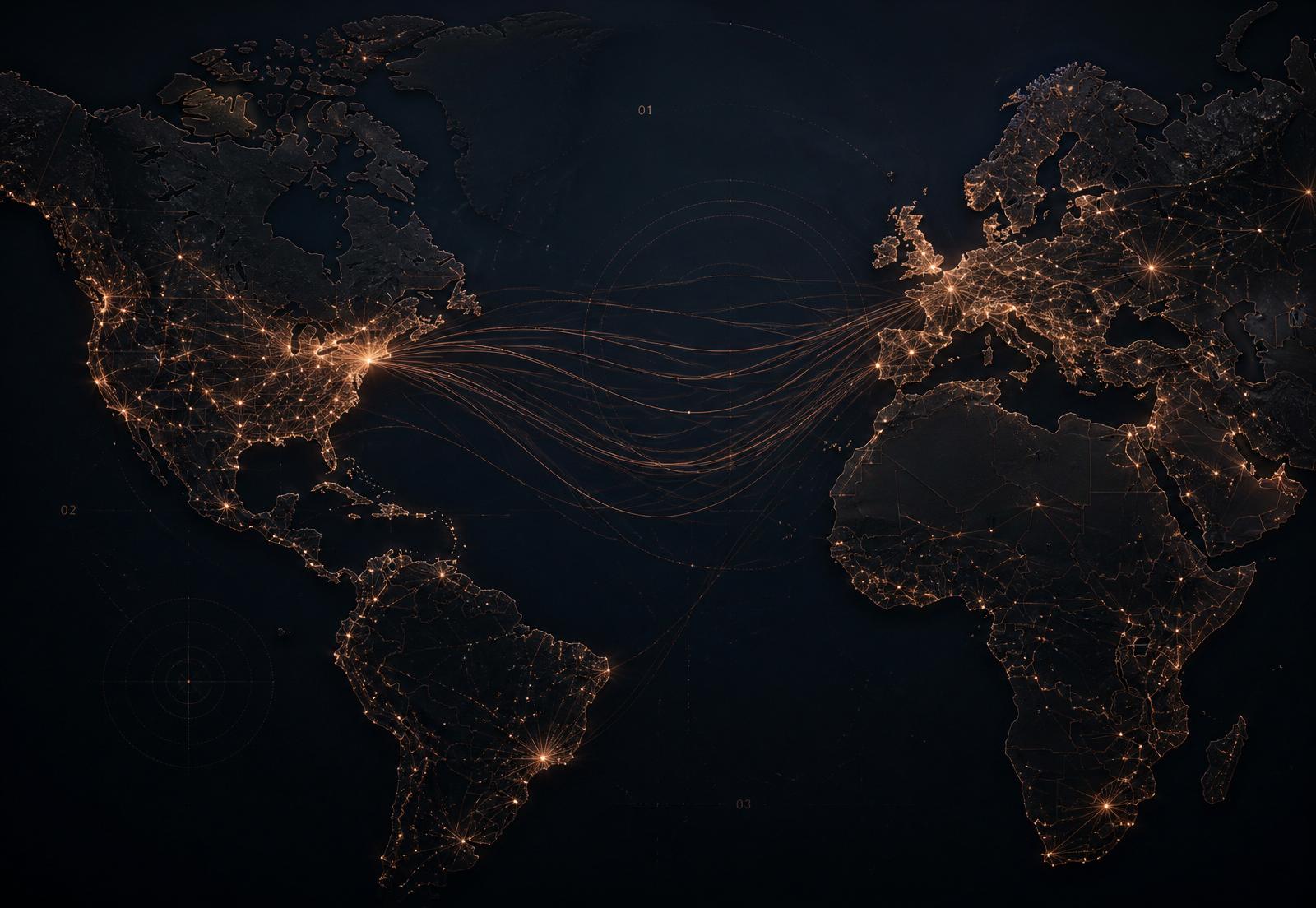Réseau de liaisons lumineuses reliant deux continents sur fond sombre